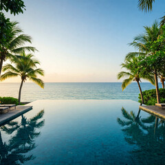 Outstanding infinity swimming pool overlooking to the sea frame amongst palm trees. Idyllic destination for a holiday. 