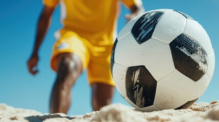 A close-up of a soccer ball on the beach with a player in the background.