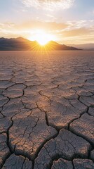 Stunning Sunset Over Cracked Dry Ground in Desert Landscape