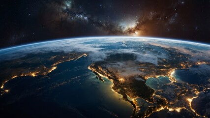 View of Earth from space at night, showcasing city lights and natural features in vivid detail