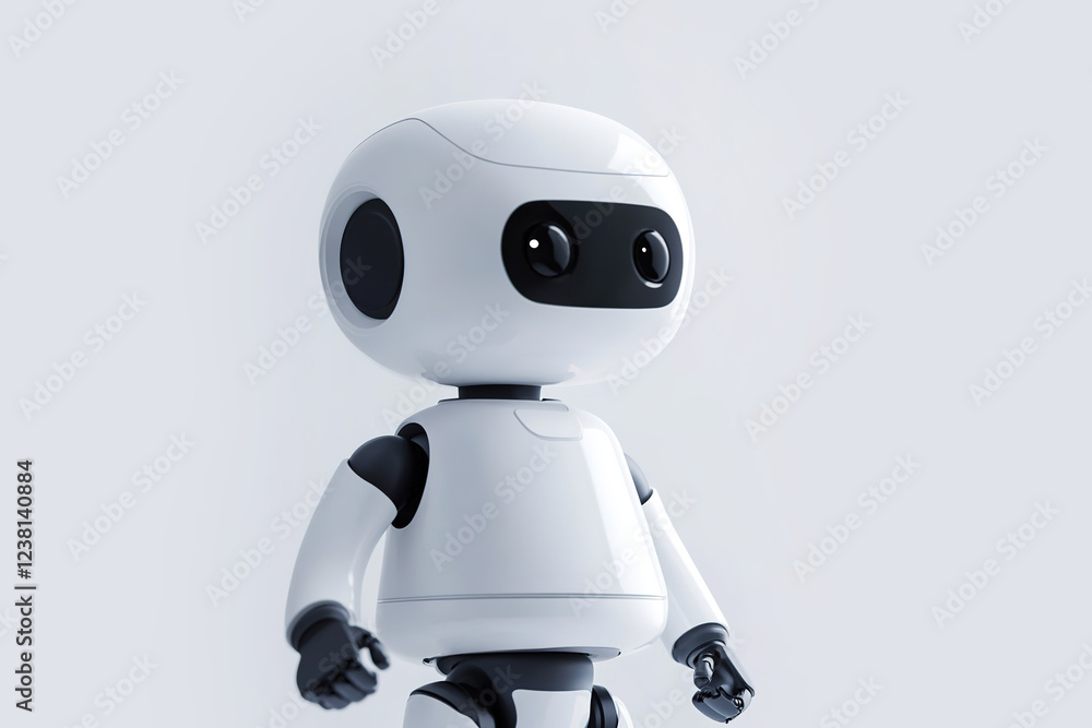 Poster white and black humanoid robot standing against a neutral background with clean lines and a modern d