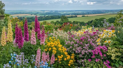 Garden blooms nature concept. Vibrant garden filled with colorful flowers under a serene sky and rolling hills.