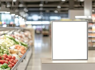 A blank white poster frame on the left side of a supermarket, with a blurred background, serves as a mockup template stock photo.