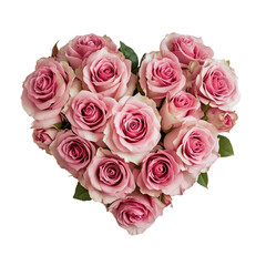 Obraz premium A heart-shaped arrangement of pink roses, showcasing their delicate petals and lush green leaves.