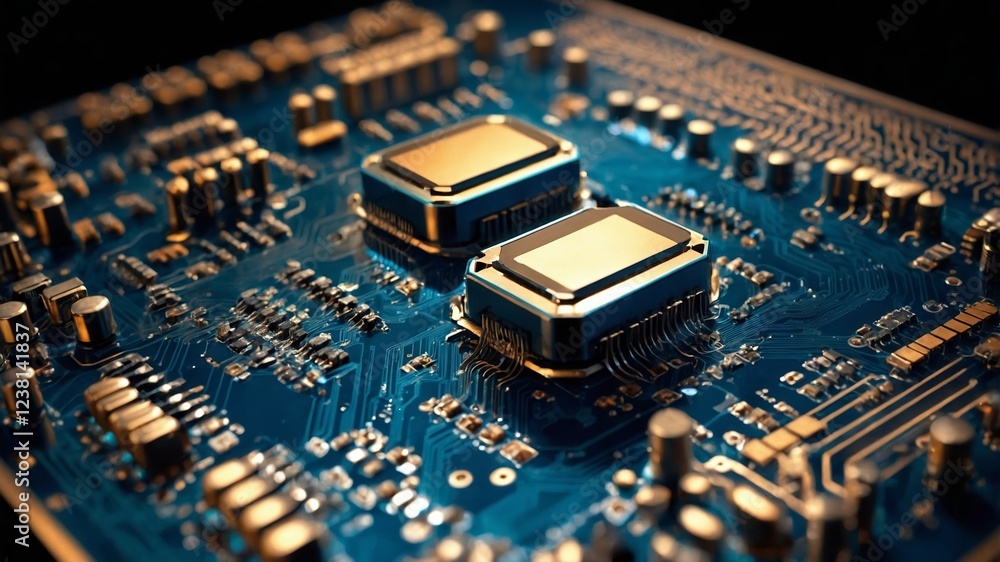 Poster intricate close-up of a blue circuit board featuring two large microchips and various electronic com