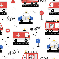 Seamless vector pattern with cute cars - police, ambulance, fire truck. Drawing for childrens textiles with cartoon emergency vehicles. Kids background with rescue team. Scandinavian style