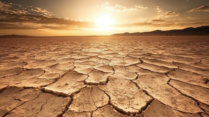 Cracked Desert Ground Under Golden Sunset with Armored Skies