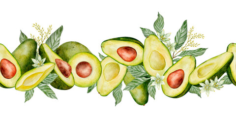 seamless border of Watercolor avocado illustration. Hand drawn botanical drawing. Half and slice fruit with leaves and seed. Green plant for food, cosmetic packaging design, card, invitation.