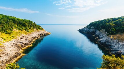 Fototapeta premium Coastal scenic nature idea. A serene view of a tranquil coastal landscape with clear blue water and lush green hills.