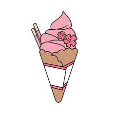 A pink ice cream cone with a cherry on top