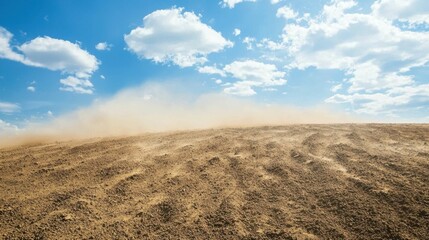 Naklejka premium Dusty Landscape Under Bright Sky with Fluffy Clouds and Horizon