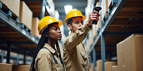 Warehouse Workers with Protective Helmets Scan Cardboard Boxes for Inventory Controls