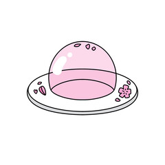 A pink and white hat with a pink and white jelly bean in the middle