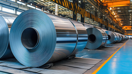 Cold rolled steel coil or stainless steel sheets in Industrial Facility, in steel industry plant. Created with Generative AI.