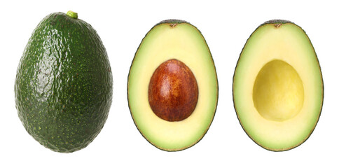 Hass avocado and Avocado cut in half isolated, transparent PNG, PNG format
