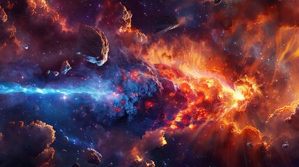 Obraz premium Cosmic abstract background with a blazing comet, vibrant laser beams piercing through a glowing stone, and vivid bursts of bright colors creating a dynamic and futuristic space scene