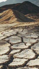 Cracked Earth Landscape with Distant Mountains in Arid Environment