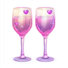 wine glasses filled with sparkling wine, isolated on a white background for Saint Valentines Day