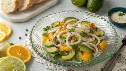 Raw calamari fillets marinated in citrus juice mixed with sliced green plantains and served on a chilled glass plate with a side of crusty bread, raw, dish