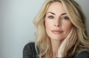 Naklejka premium A beautiful, elegant, and gorgeous mature woman in her fifties with white hair gently touching the skin of her face, smiling at the camera for a skincare commercial. She is isolated on a light grey ba