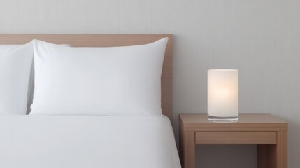 Modern bedroom setup with a minimalist design featuring a bedside lamp and fresh white bedding