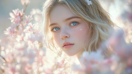 Fototapeta premium Serene Portrait of a Young Woman Amid Blooming Flowers