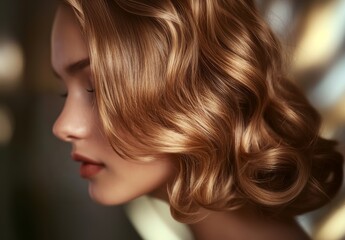 Naklejka premium Close-Up Profile of Woman with Elegant Wavy Blonde Hair