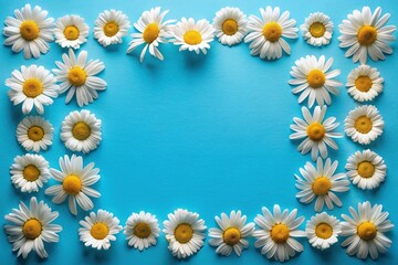 Obraz premium Flat Lay Blue Background with Chamomile Flower Frame, Copy Space for Branding, Product Photography, and Design