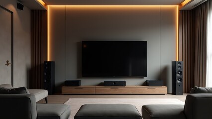 Television Mockup with Stand, Home theater clear view TV on minimalistic stand photorealistic