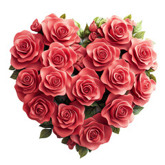 Obraz premium A heart-shaped arrangement of vibrant pink roses with lush green leaves, symbolizing love and beauty.