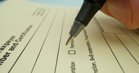 A person fills out a taxpayer's form. Close-up of a pen, an unrecognizable person