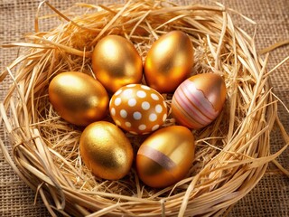 Fototapeta premium Golden Easter Eggs on Straw: Festive Holiday Background