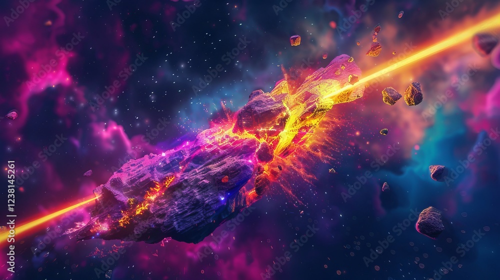 Poster cosmic abstract background with a blazing comet, vibrant laser beams piercing through a glowing ston