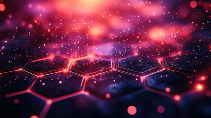 Exploration of a futuristic digital landscape with hexagonal patterns and glowing lights