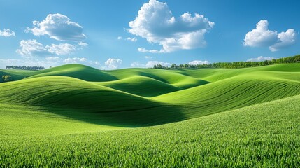 Rolling green hills under blue sky with fluffy clouds