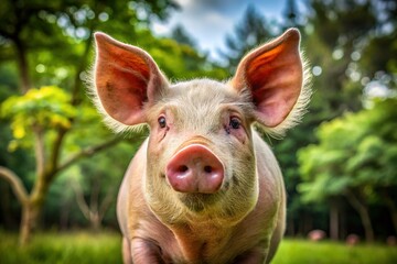Happy Piglet in Pasture, Plenty of Copy Space for Text, Farm Animal Portrait