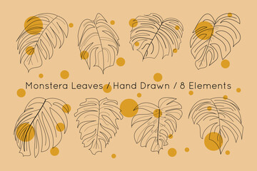 Monstera leaves tropical exotic stroke line element isolated design collection