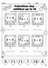 These Valentine's Day-themed addition worksheets help kids practice sums up to 10. Perfect for classroom or homeschool activities. Includes fun craft elements to engage young learners in math and crea
