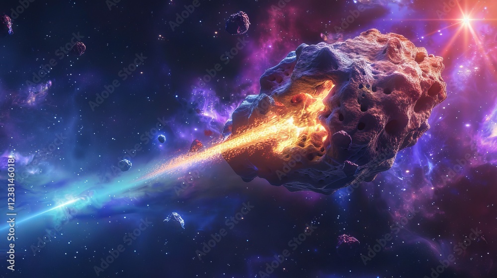 Poster cosmic abstract background with a blazing comet, vibrant laser beams piercing through a glowing ston