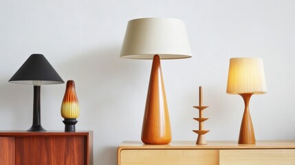 Mid-Century Modern Table Lamps and Decor on Wooden Sideboard