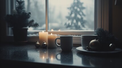 Cozy winter window scene with candles, mugs, and ornaments.