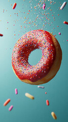 Vibrant Donuts with Colorful Sprinkles in Mid-Air