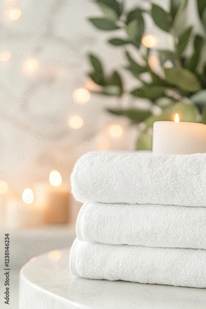 Poster soft white towels are neatly arranged in a stack on the bathroom counter, complemented by blurred ca
