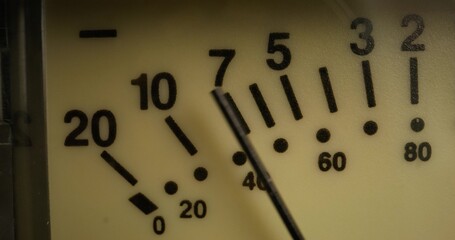 Movement of the arrow on the sound level meter, close-up. Recording Studio