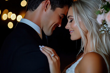 Couple shares a romantic moment under soft lights at an evening event