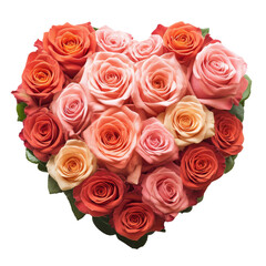 Naklejka premium A heart-shaped arrangement of vibrant roses in shades of pink and red, showcasing their delicate petals and lush greenery.
