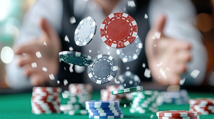 A person tossing poker chips into the air on a green felt table, indicating a gambling scene.