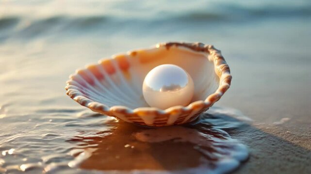 pearl in a shell on the beach