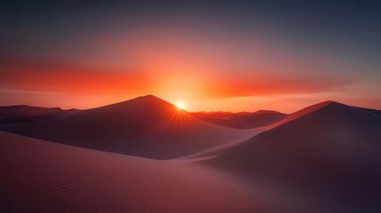 Majestic sunset over undulating sand dunes in a serene desert landscape