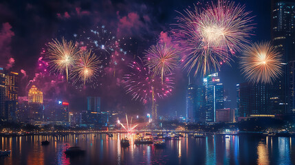 Naklejka premium Vibrant Fireworks Illuminating the City Skyline at Night